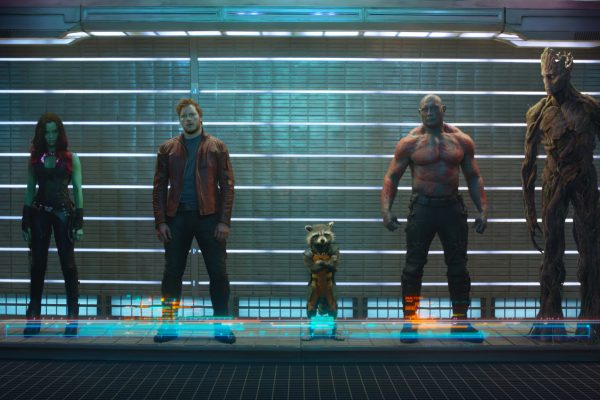 Marvel's Guardians Of The Galaxy L to R: Gamora (Zoe Saldana), Peter Quill/Star-Lord (Chris Pratt), Rocket Raccoon (voiced by Bradley Cooper), Drax The Destroyer (Dave Bautista) and Groot (voiced by Vin Diesel) Ph: Film Frame ©Marvel 2014